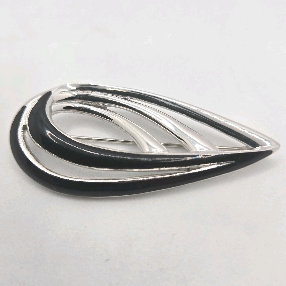 Trifari Vintage Brooch Black Enamel Silver Tone Abstract Modernist Teardrop Pin